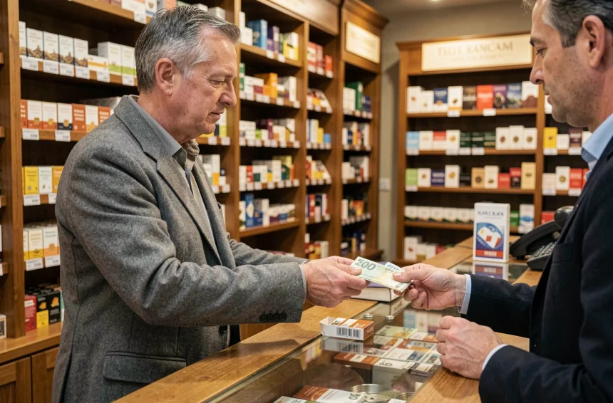 Homme achetant un paquet de cigarettes dans un bureau de tabac au Luxembourg, prix et taxes visibles sur l'étalage