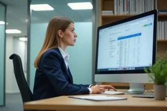 Administratrice de santé consultant le fichier FINESS sur un ordinateur dans un bureau administratif public en France