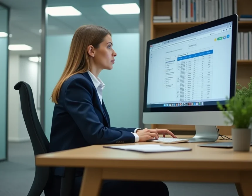 Administratrice de santé consultant le fichier FINESS sur un ordinateur dans un bureau administratif public en France