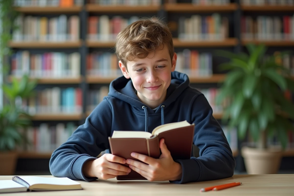 Adolescent lisant un dictionnaire dans une bibliothèque moderne