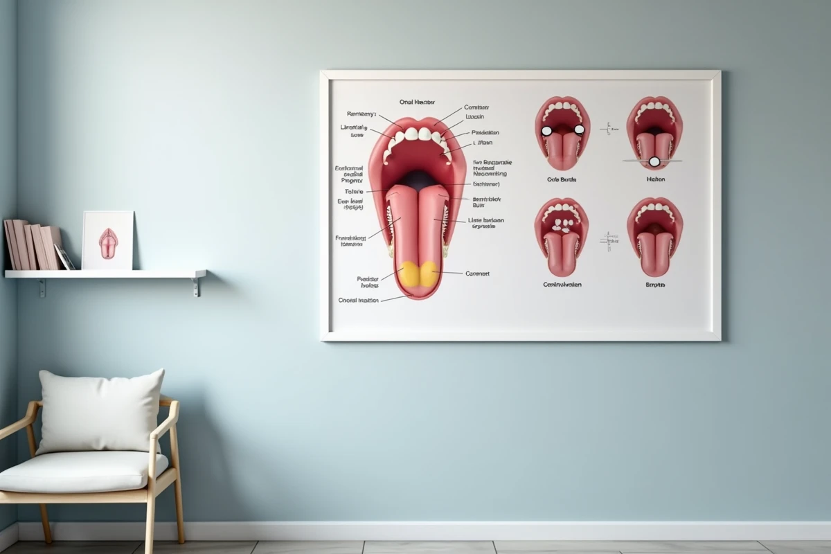 Affiche médicale dans une salle d'attente illustrant les zones à risque du cancer de la langue avec des schémas anatomiques annotés