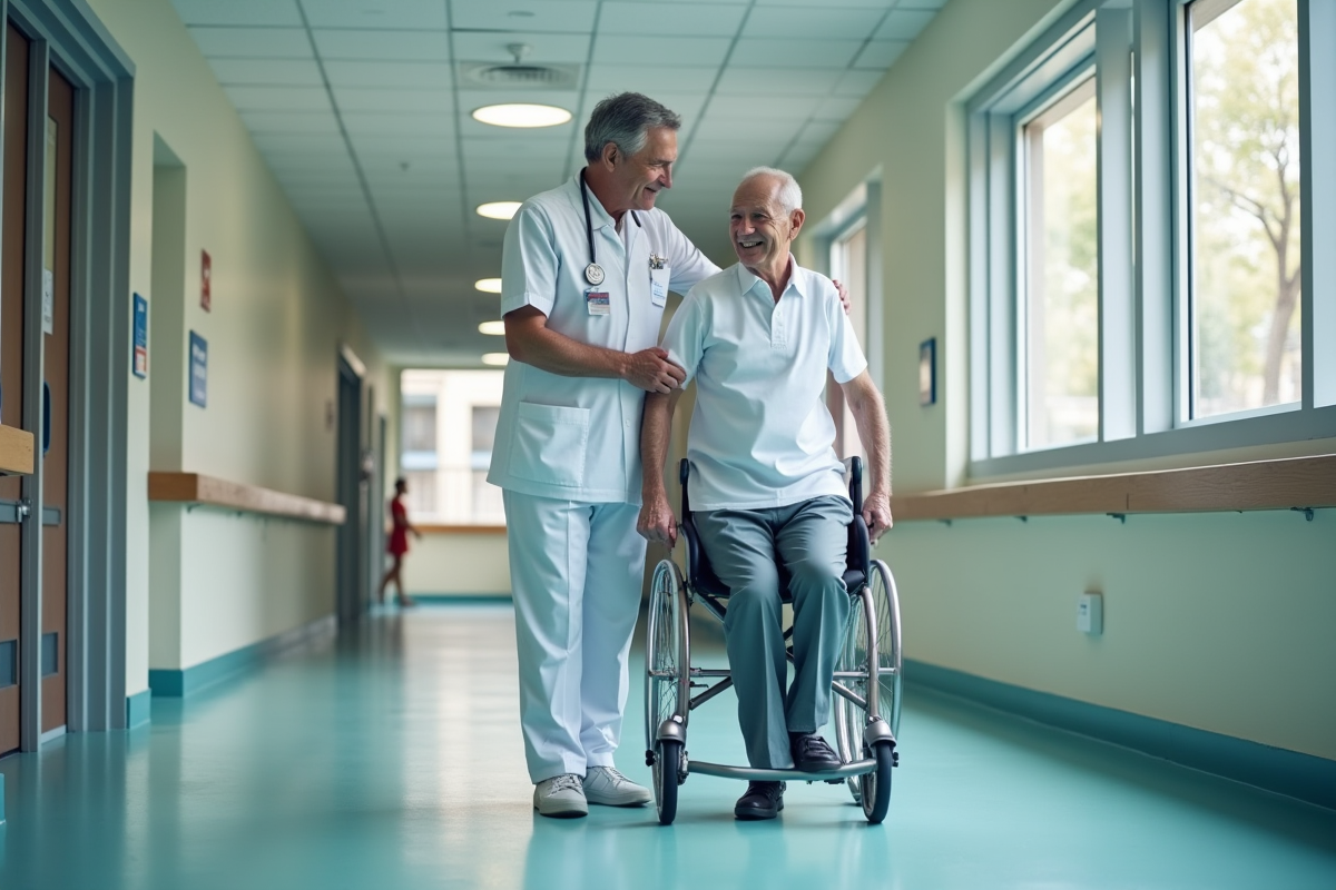 Infirmier aidant un patient âgé dans un couloir de rééducation