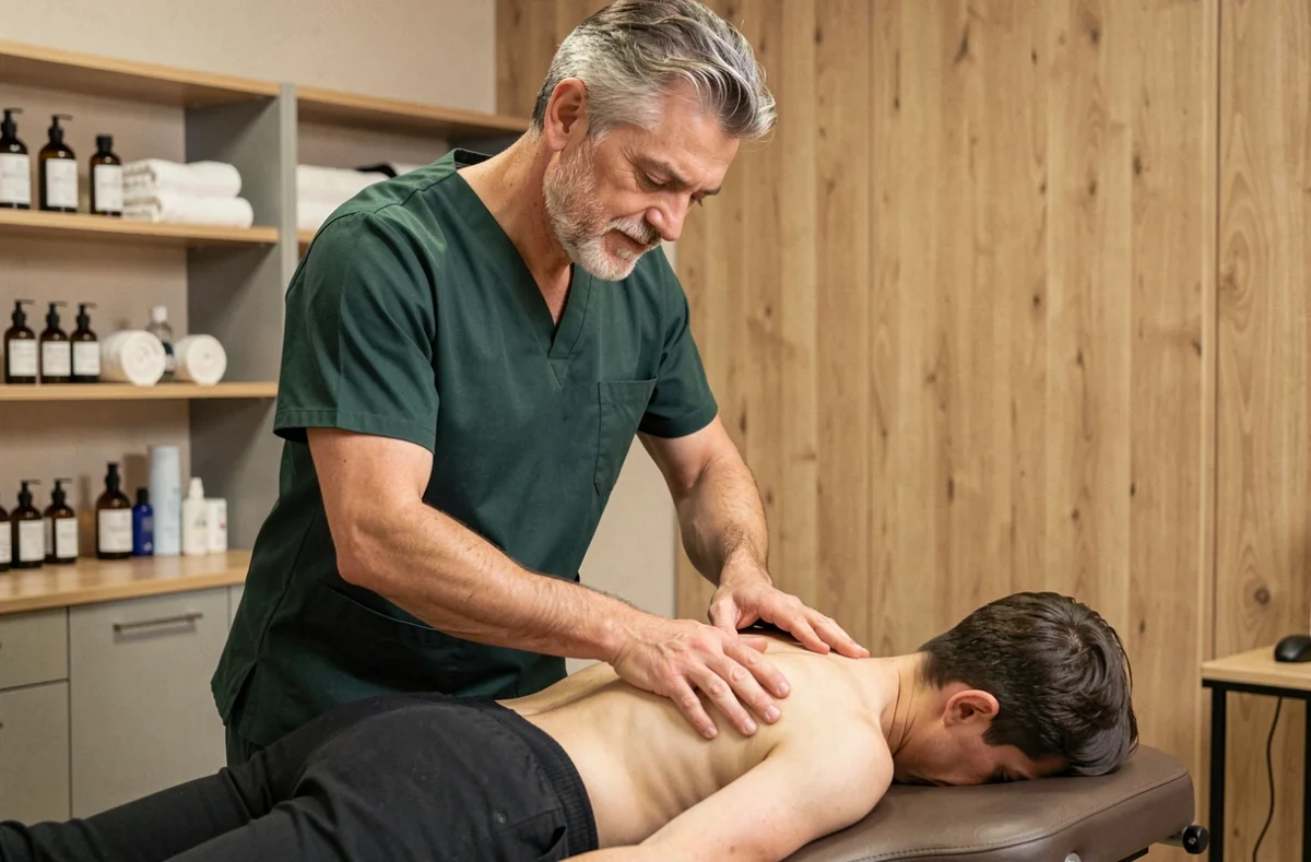 Alapetite Christophe kinésithérapeute réalisant un massage des tissus profonds sur un patient dans les Hauts-de-Seine
