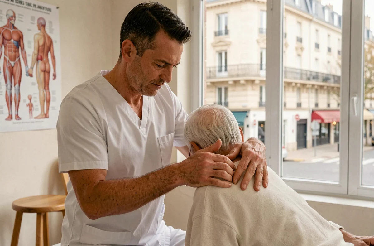 Kinésithérapeute Albert Teboul réalisant une thérapie manuelle sur l'épaule d'un patient à Sèvres