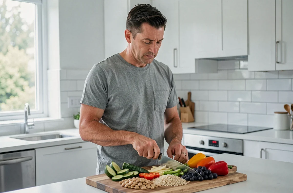 Homme préparant un repas équilibré à base de légumes pour améliorer ses enzymes hépatiques gamma GT