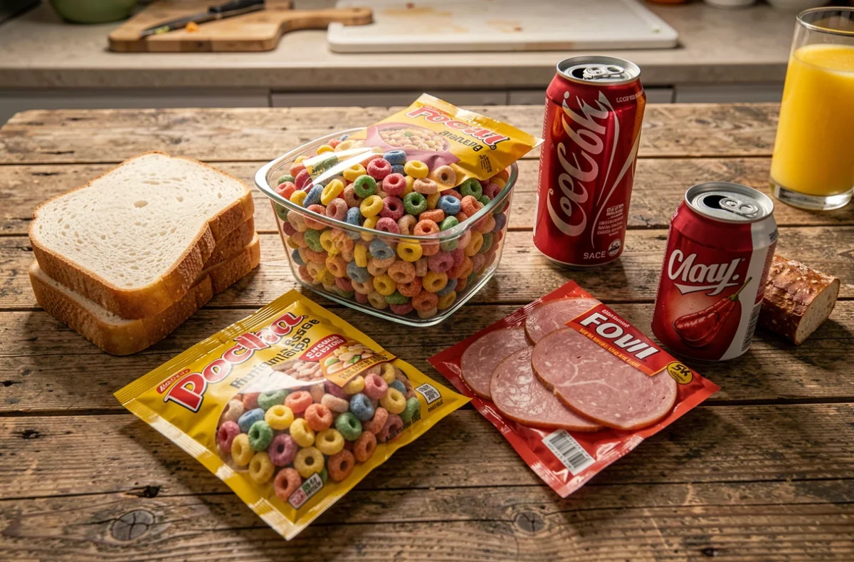 Aliments pro-inflammatoires à éviter en cas de maladie de Sever : pain blanc, charcuteries, céréales sucrées et sodas