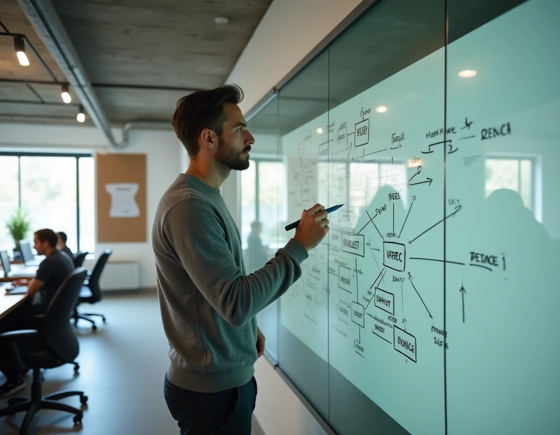 Analyste de données annotant un schéma de flux de données sanitaires publiques FINESS sur un tableau blanc dans un espace de travail moderne
