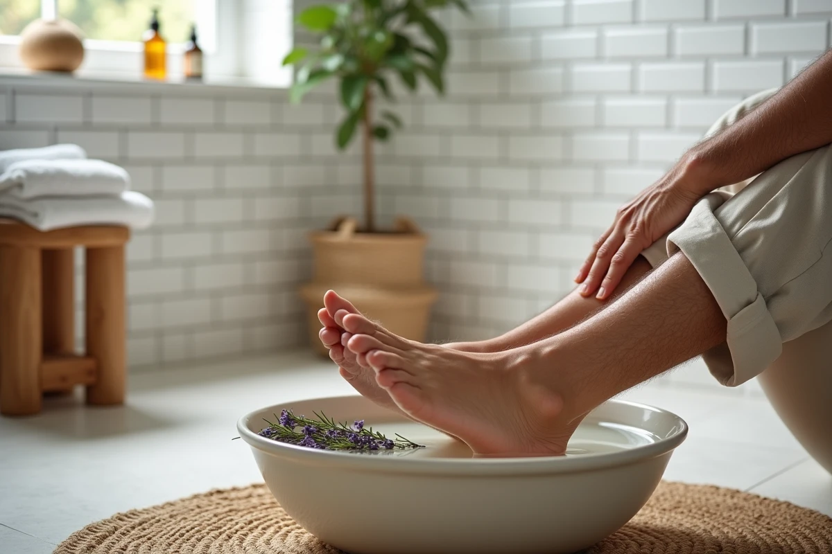 Homme senior faisant tremper ses pieds dans un bain aux plantes pour soulager les fourmillements naturellement