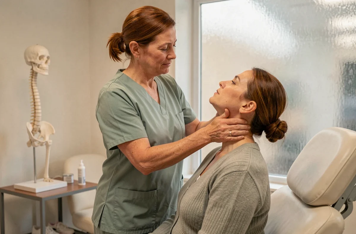 Barbe Cayrel Nathalie kinésithérapeute réalisant une thérapie manuelle cervicale sur une patiente dans les Hauts-de-Seine