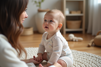 Bébé fille de 10 mois assise sur un tapis en laine regardant sa mère