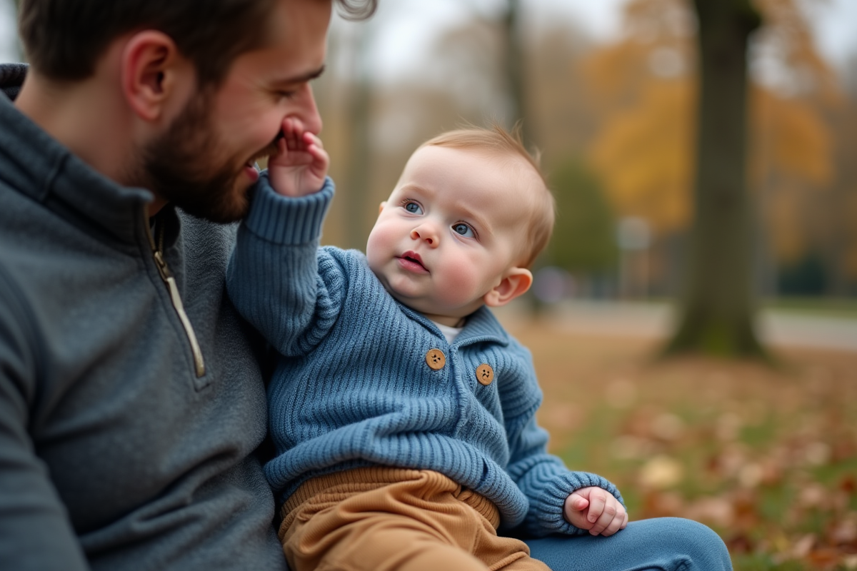 Bébé garçon de 12 mois touchant le visage de son père en plein air