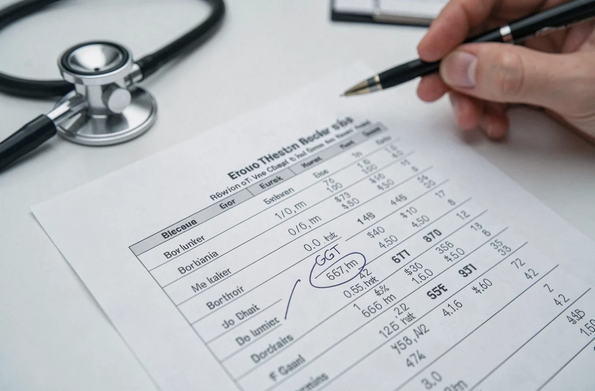 Résultat d'analyse sanguine avec taux de gamma GT élevé encerclé par un médecin sur un bureau clinique