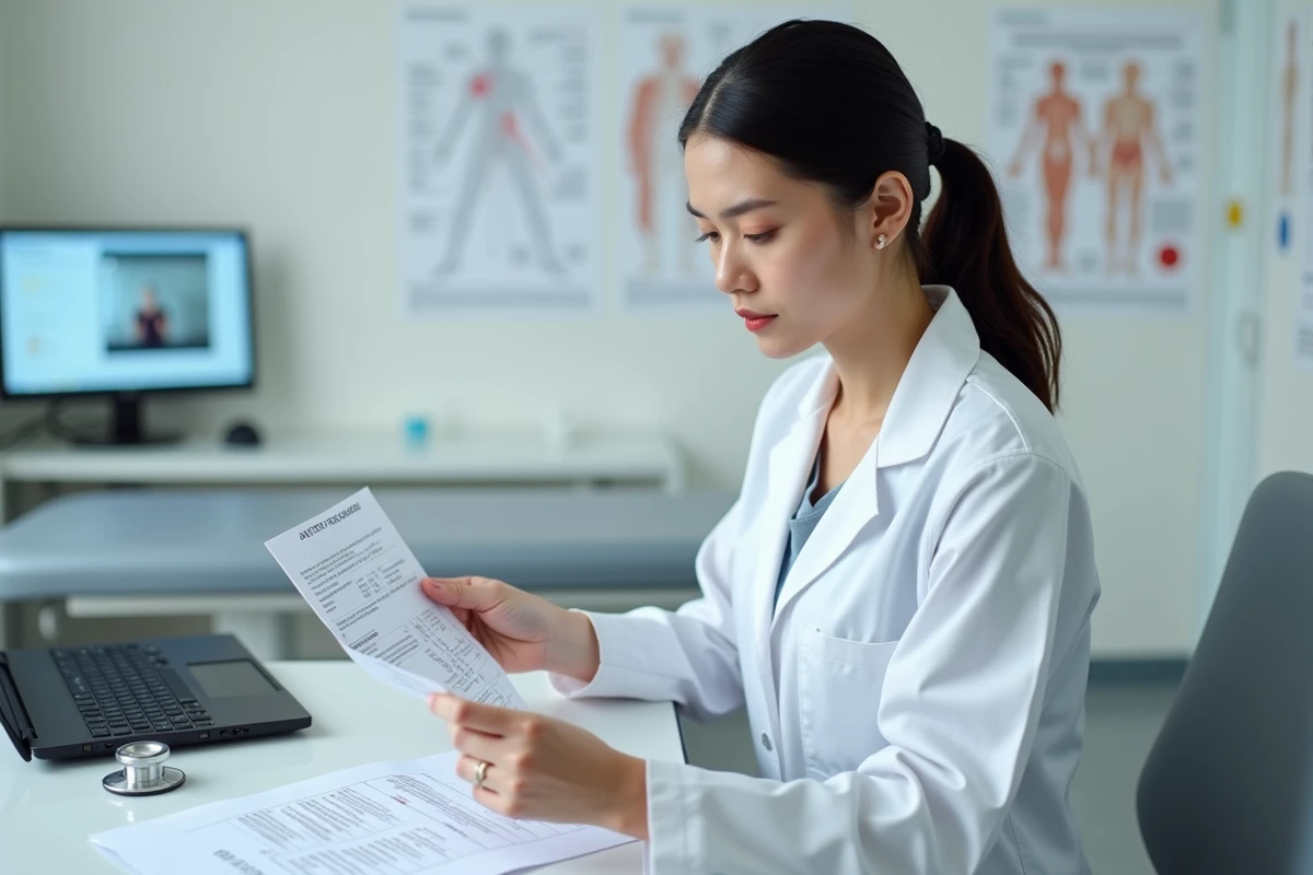 Une médecin examine des résultats d'analyse sanguine montrant des transaminases élevées, dans le cadre d'un bilan de santé lié à une demande d'assurance emprunteur