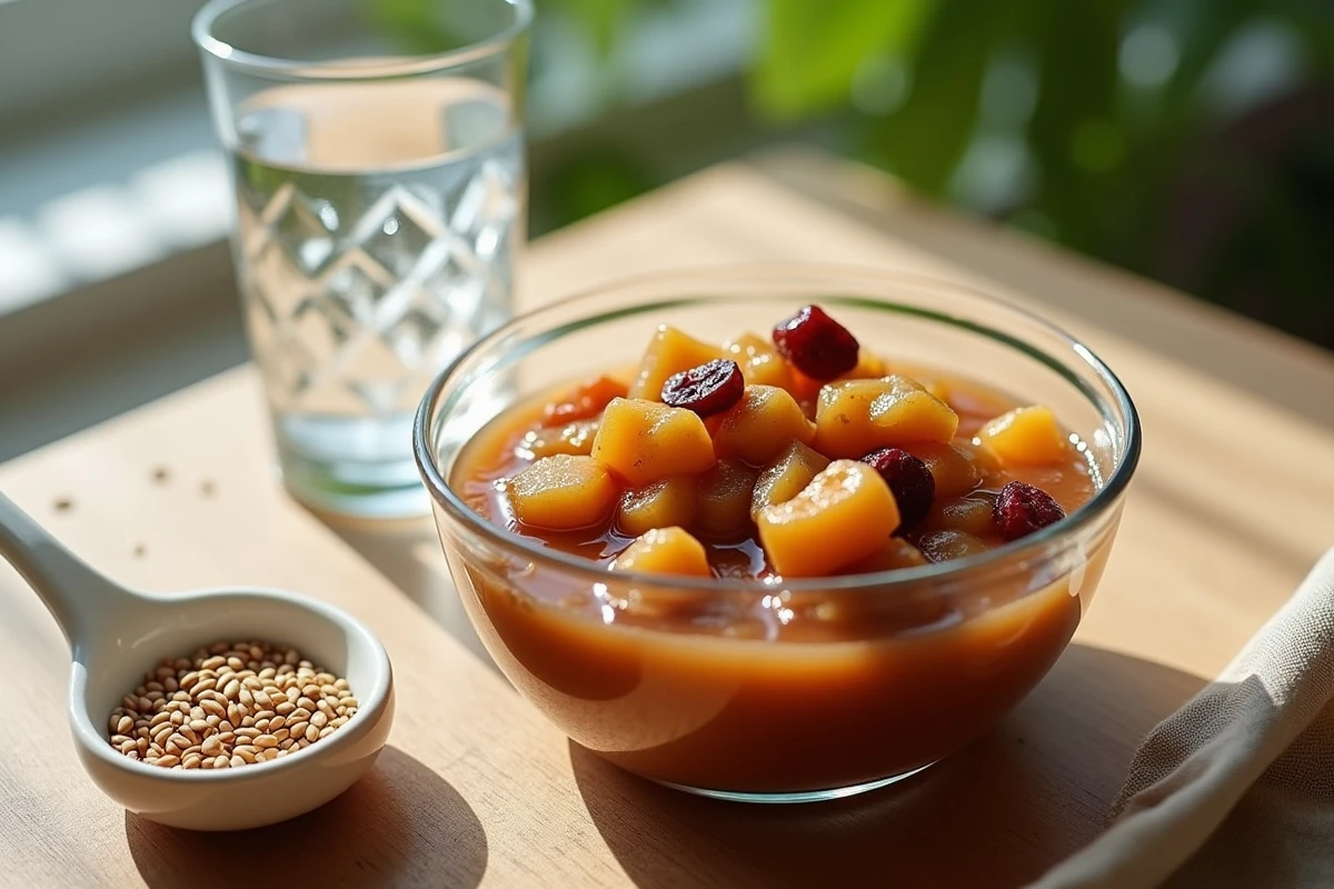 Bol de compote de fruits maison aux pruneaux avec verre d'eau et graines de lin pour favoriser le transit intestinal