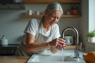 Femme rinçant une brûlure au doigt sous l'eau froide du robinet dans une cuisine domestique