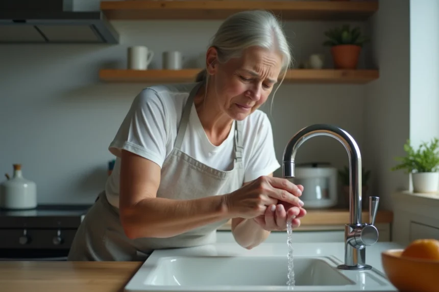 Femme rinçant une brûlure au doigt sous l'eau froide du robinet dans une cuisine domestique