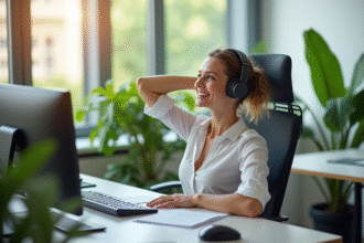 Employe de bureau souriant et s'étirant dans un bureau lumineux