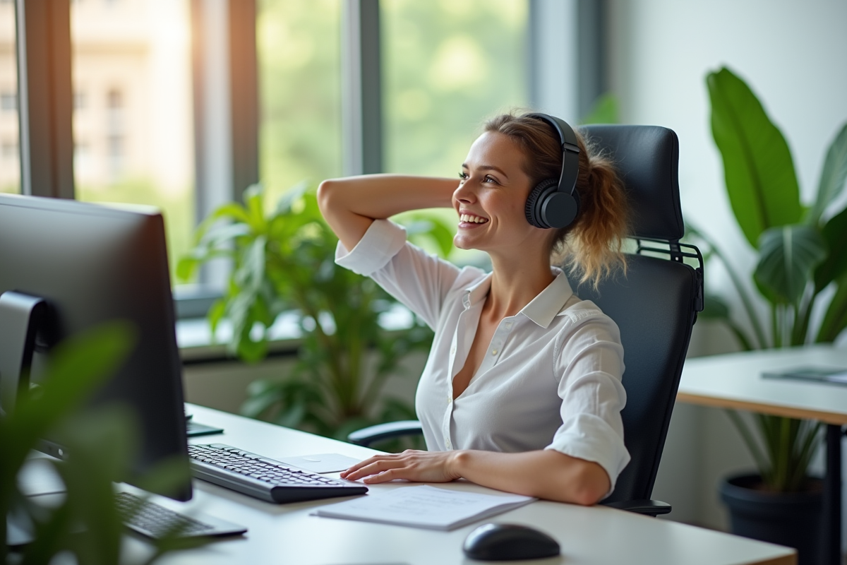 Employe de bureau souriant et s'étirant dans un bureau lumineux