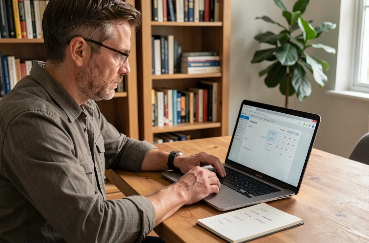 Homme utilisant une calculette en ligne pour choisir l'épaisseur de ses verres de lunettes