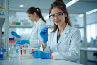 Chercheuse en laboratoire examinant des échantillons colorés