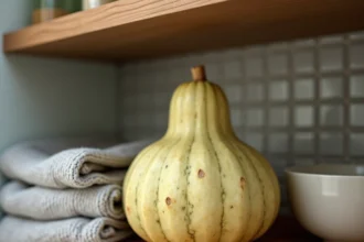 Coloquinte ornementale posée sur une étagère de cuisine parmi des objets du quotidien, illustrant le risque de confusion à domicile