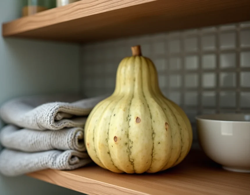 Coloquinte ornementale posée sur une étagère de cuisine parmi des objets du quotidien, illustrant le risque de confusion à domicile