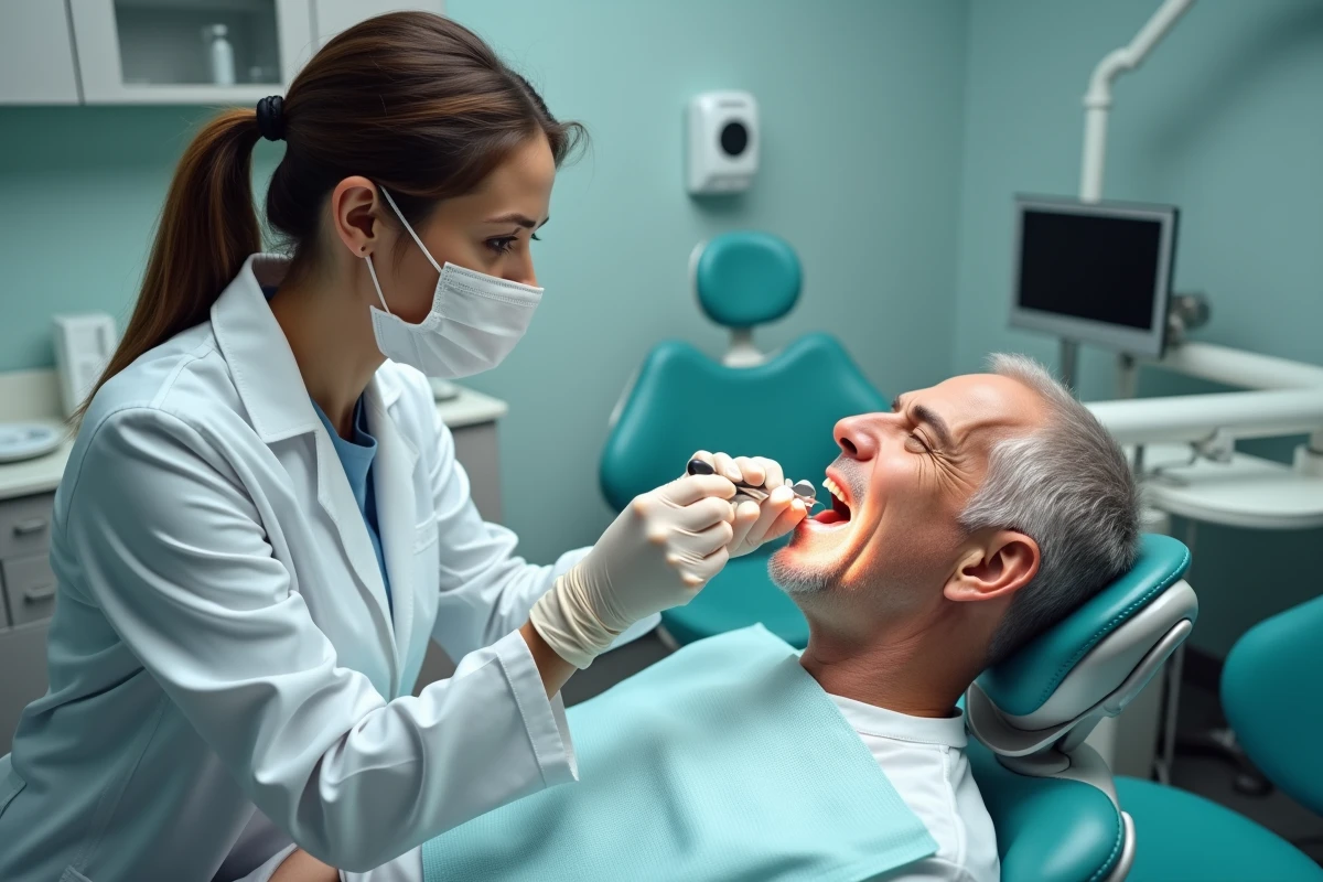 Dentiste examinant le palais d'un patient lors d'une consultation dentaire