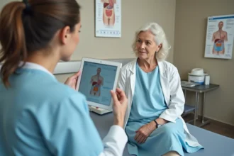 Femme d'âge moyen en consultation gastro-entérologique, une médecin lui explique un diagnostic sur une tablette dans un cabinet médical moderne
