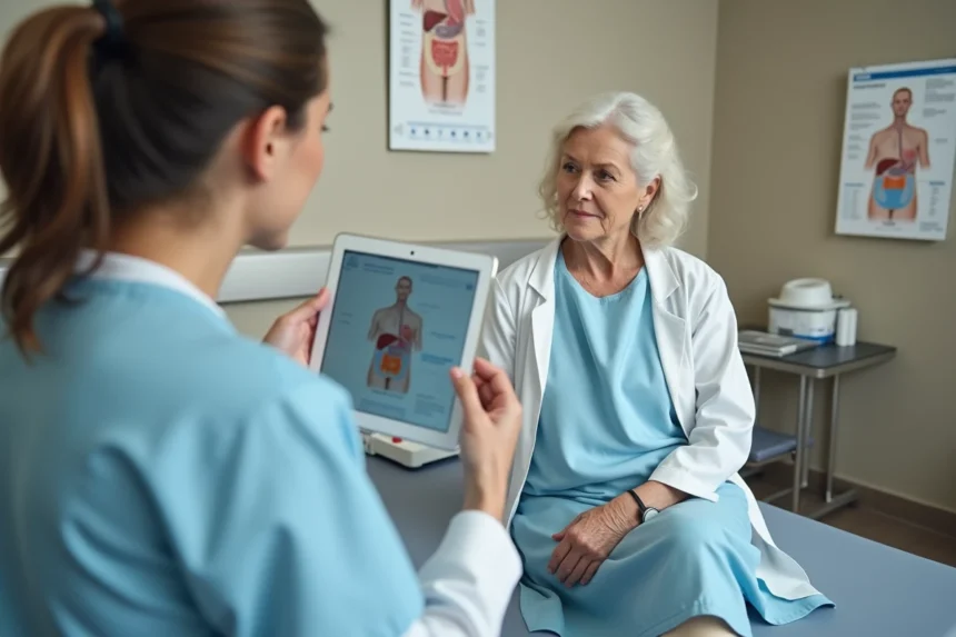 Femme d'âge moyen en consultation gastro-entérologique, une médecin lui explique un diagnostic sur une tablette dans un cabinet médical moderne