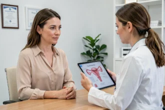 Femme consultant une gynécologue pour comprendre les causes de kystes ovariens dans un cabinet médical moderne