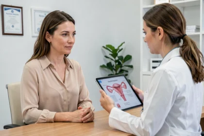 Femme consultant une gynécologue pour comprendre les causes de kystes ovariens dans un cabinet médical moderne