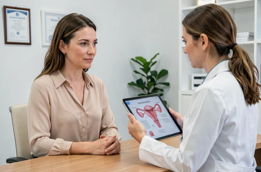Femme consultant une gynécologue pour comprendre les causes de kystes ovariens dans un cabinet médical moderne