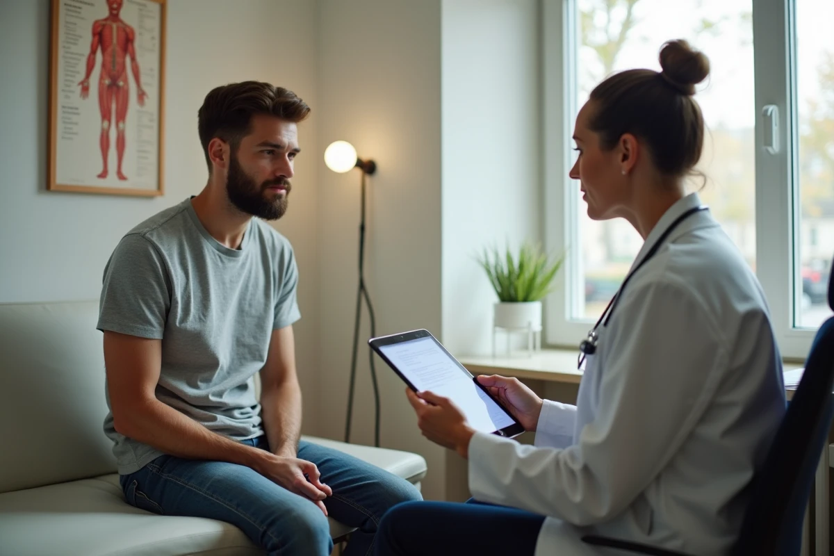 Médecin expliquant à un patient les résultats positifs IgG anti-VCA et anti-EBNA lors d'une consultation