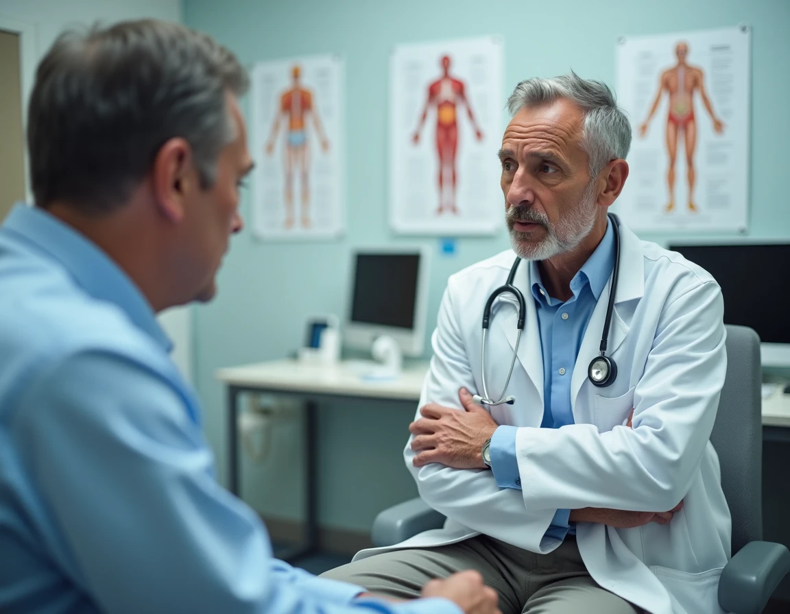 Médecin en consultation face à un patient âgé qui tient son bras gauche, dans un cabinet médical