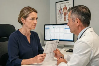 Femme de 45 ans consultant un médecin généraliste avec ses résultats d'analyse sanguine montrant une gamma GT élevée