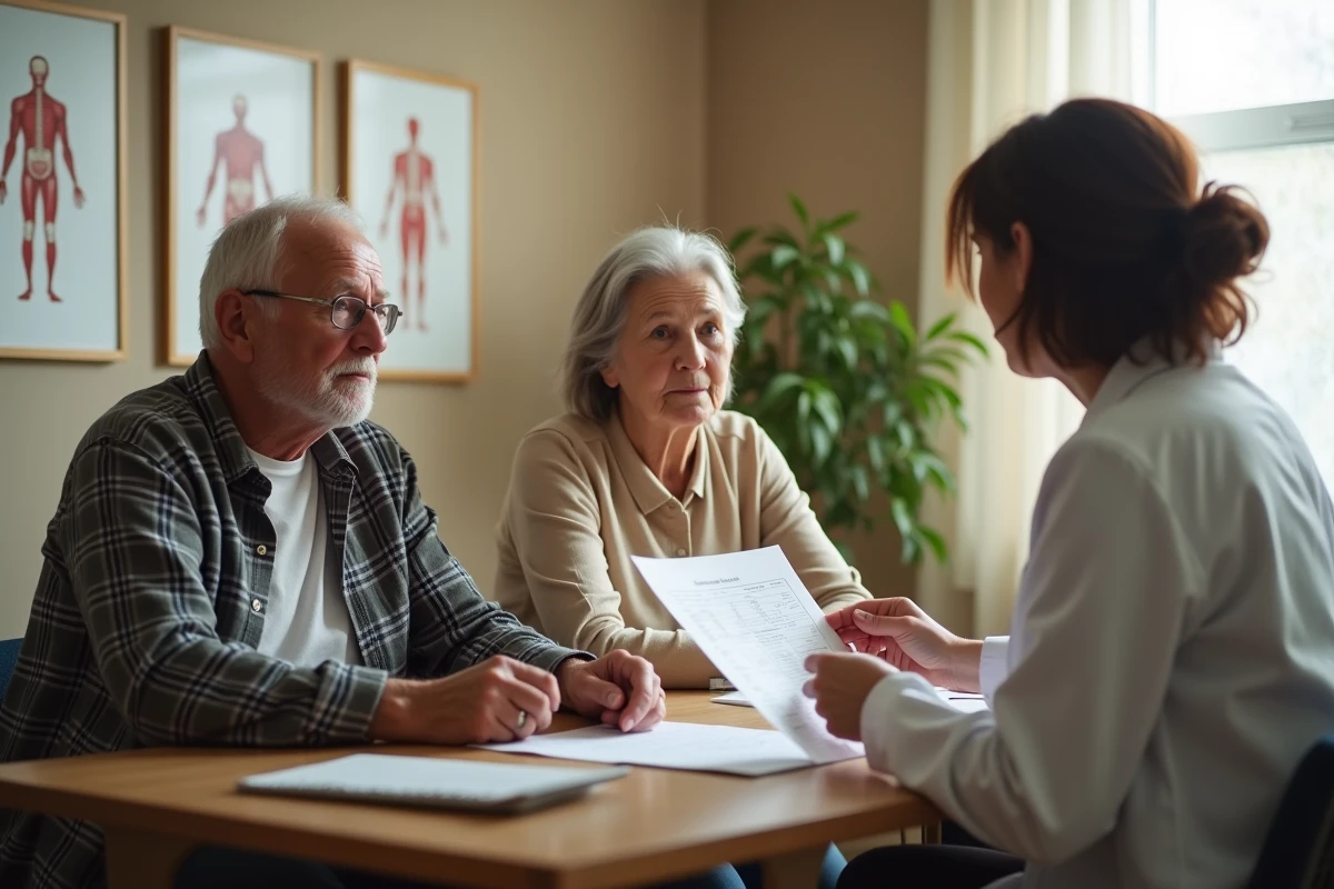 Couple de seniors en consultation médicale avec une médecin, discutant d'une perte de poids rapide et de douleurs musculaires, dans un cabinet médical chaleureux illustrant le suivi de santé après 50 ans