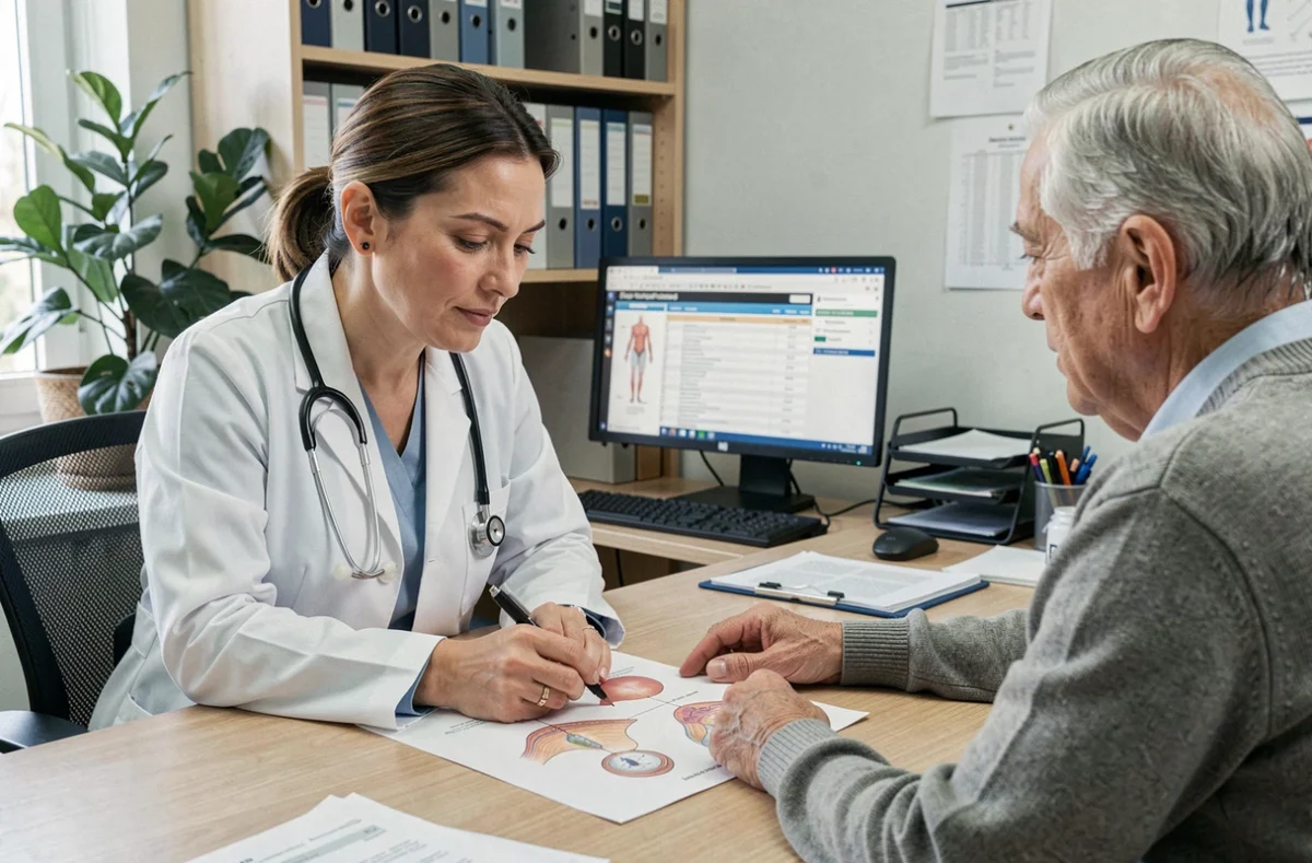 Médecin généraliste expliquant les symptômes du zona à un patient âgé lors d'une consultation médicale