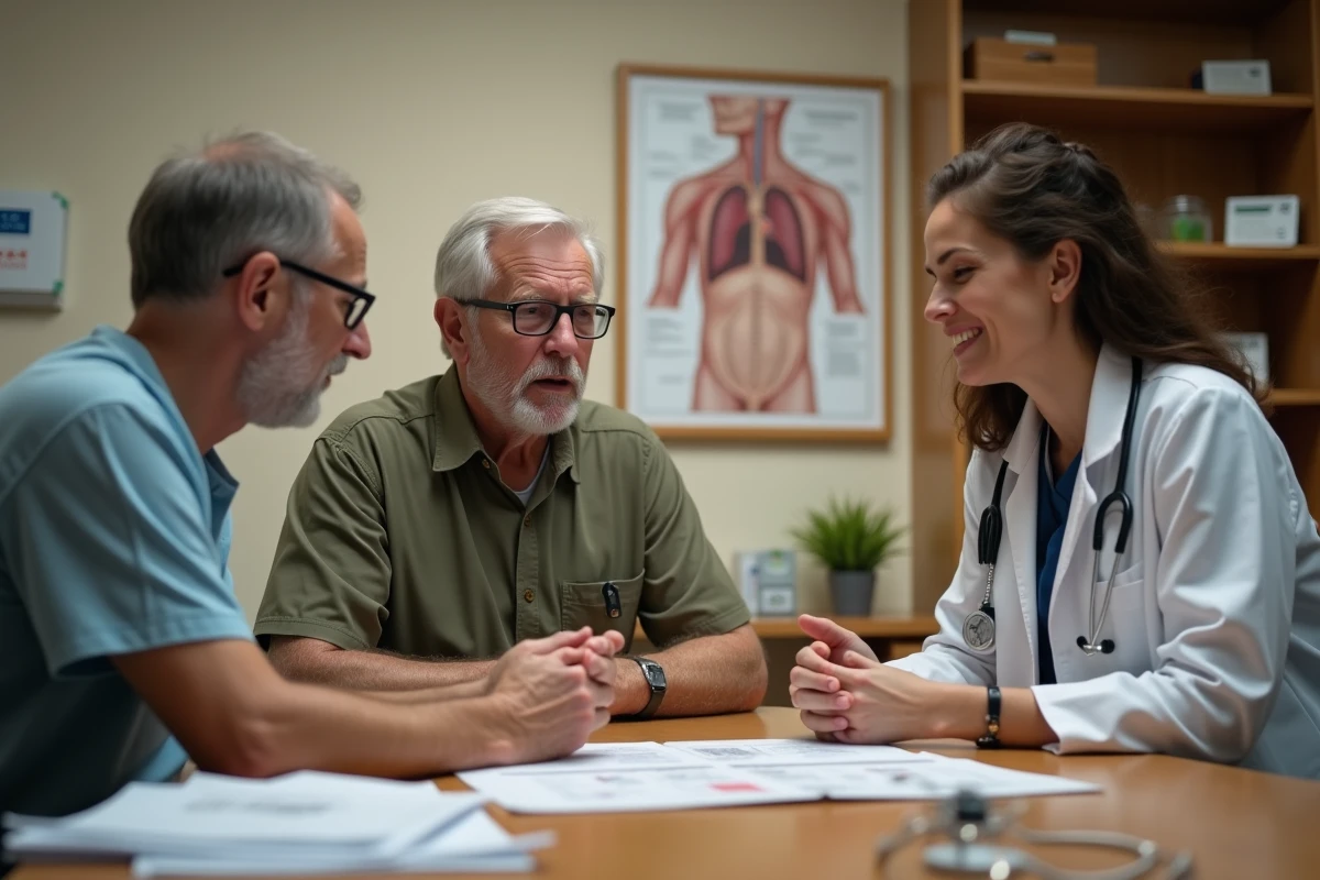 Consultation médicale entre un patient et un oncologue à propos du port-à-cath pour chimiothérapie