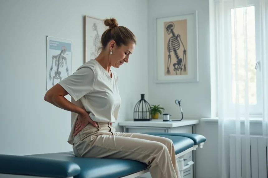 Femme assise prudemment sur une table d'examen médical lors d'une consultation orthopédique pour douleur au coccyx