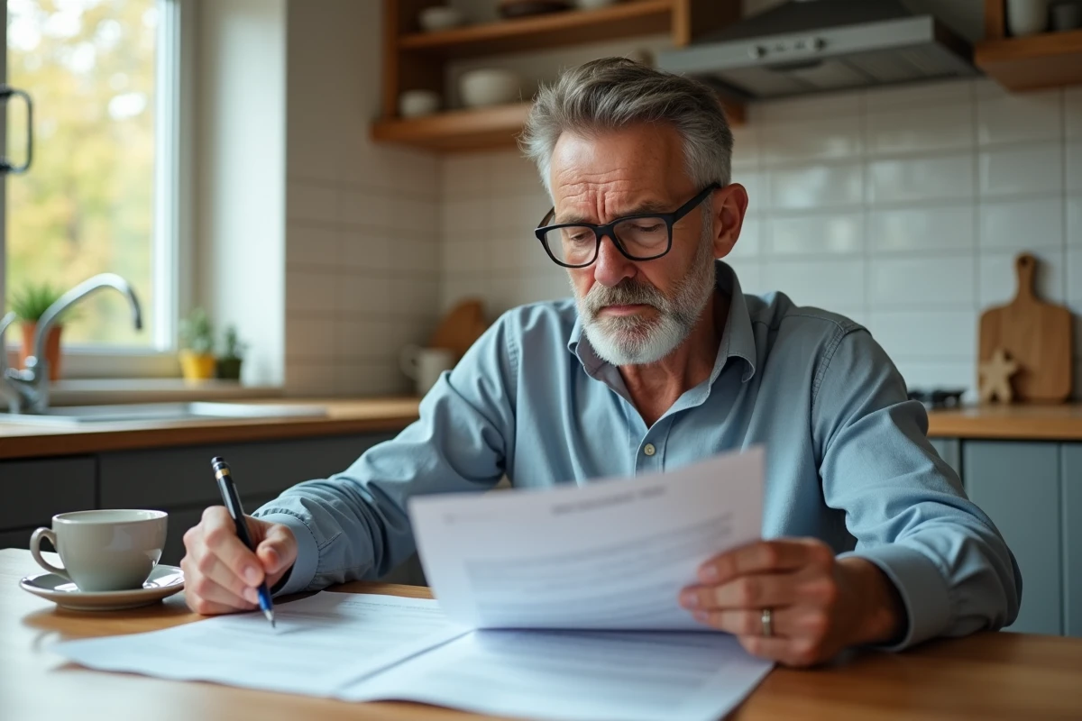 Un homme d'une cinquantaine d'années étudie attentivement son contrat d'assurance emprunteur à son domicile, après avoir reçu des résultats d'analyses hépatiques anormaux