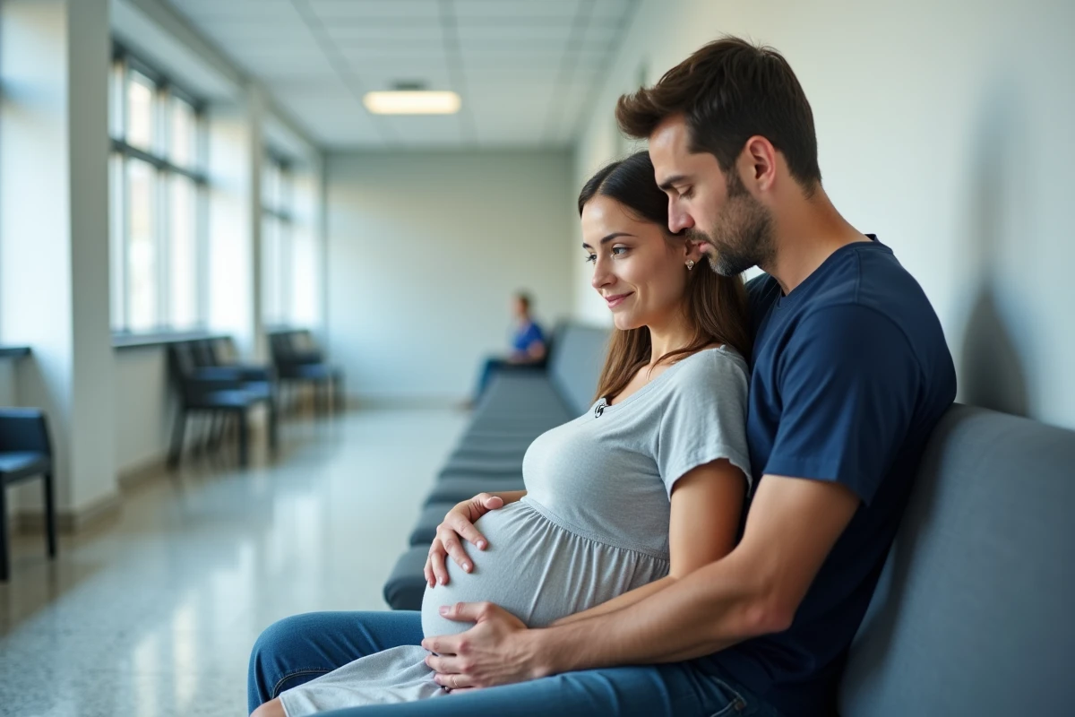 Couple attendant sereinement dans un couloir de maternité avant l'accouchement avec dilatation du col en cours