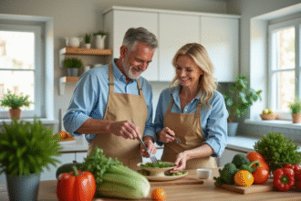 Couple senior préparant un repas sain dans une cuisine lumineuse