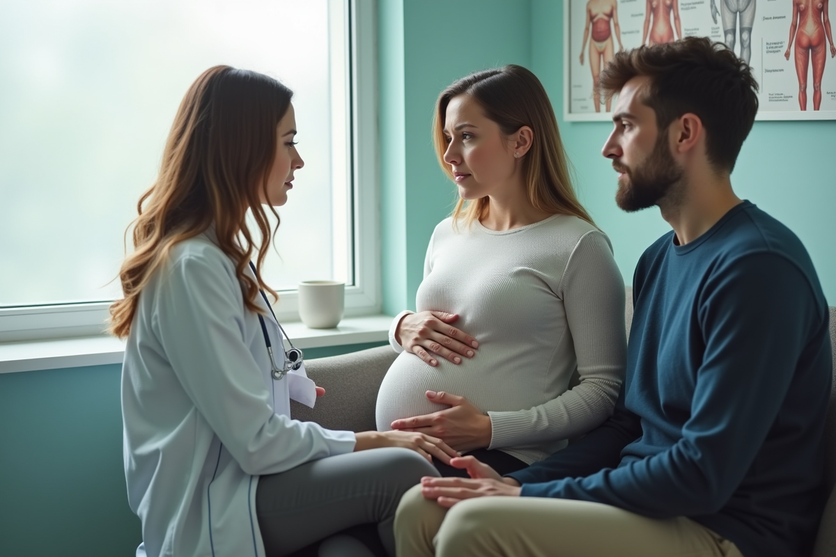 Couple enceinte discutant avec un médecin dans un cabinet