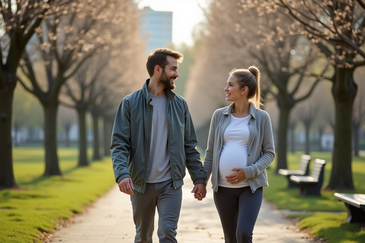 Jeune couple enceinte se promenant dans un parc urbain au printemps