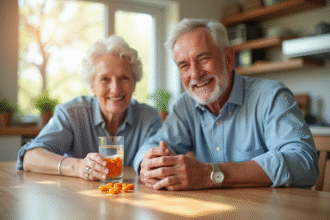 Couple senior souriant prenant de la vitamine C au matin
