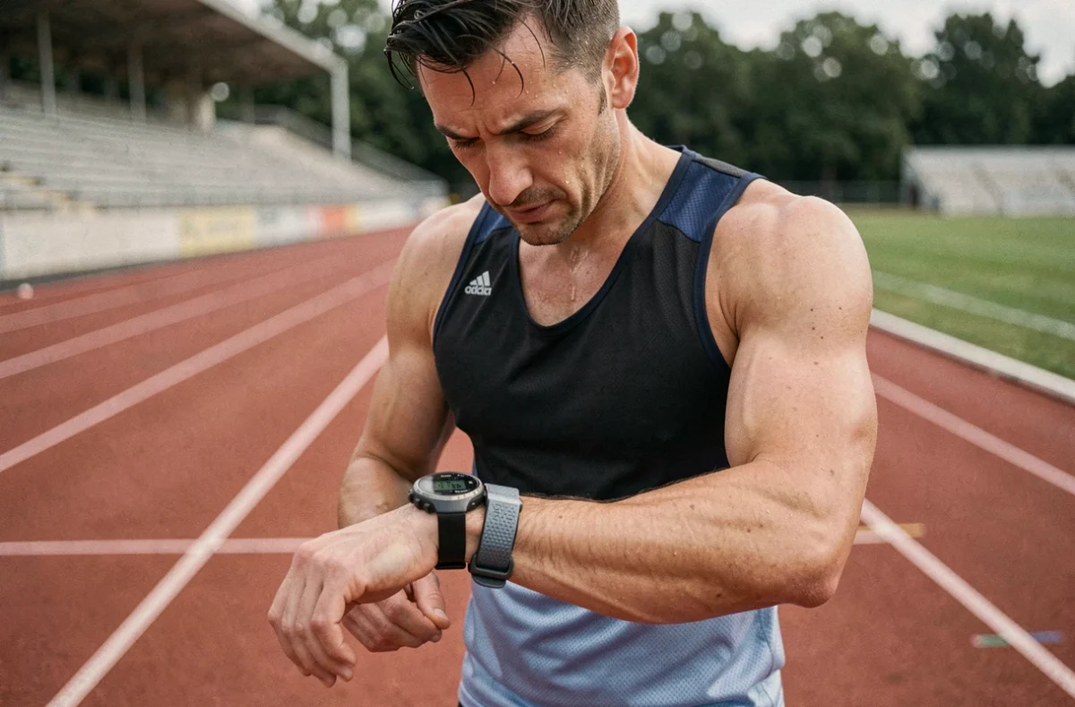 Coureur masculin consultant sa montre GPS sur une piste d'athlétisme après une séance de fractionné, suivi des allures d'entraînement