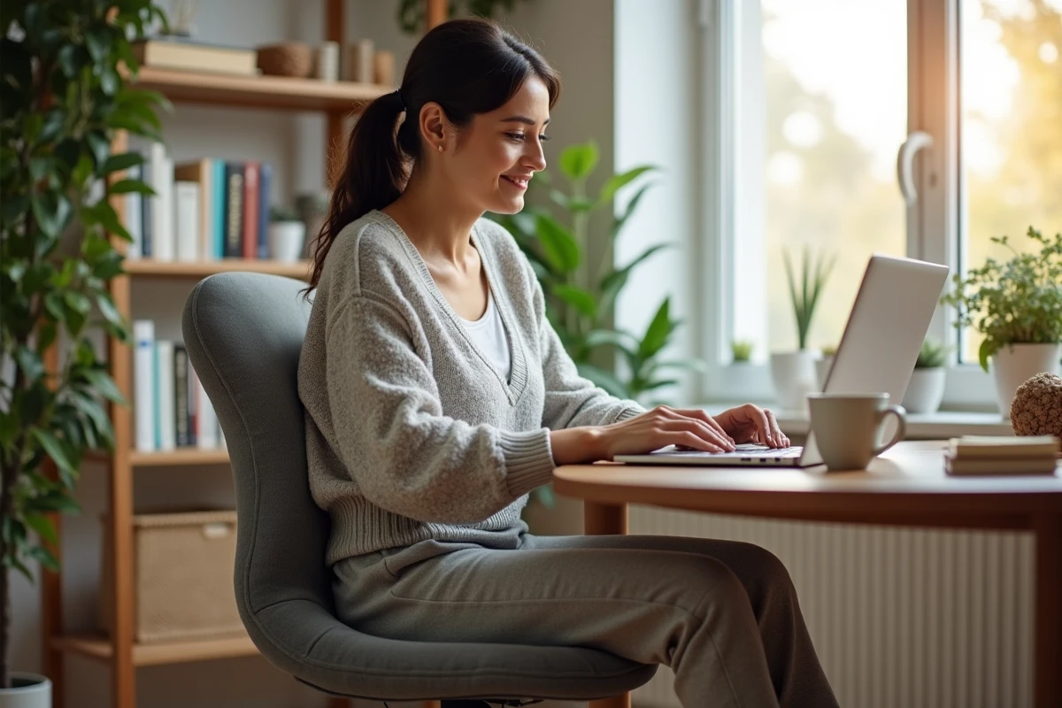 Femme utilisant un coussin orthopédique spécial coccyx pour soulager la douleur en position assise à son bureau à domicile