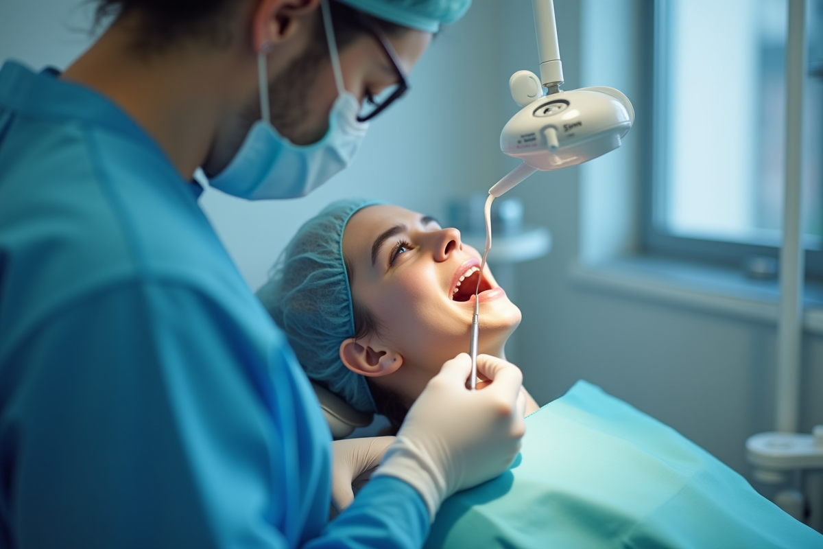 Dentiste effectuant un nettoyage dentaire en clinique moderne