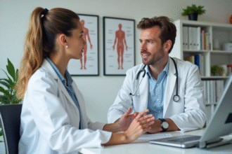 Dermatologue femme en consultation avec un patient jeune