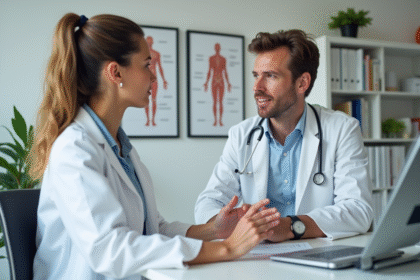 Dermatologue femme en consultation avec un patient jeune